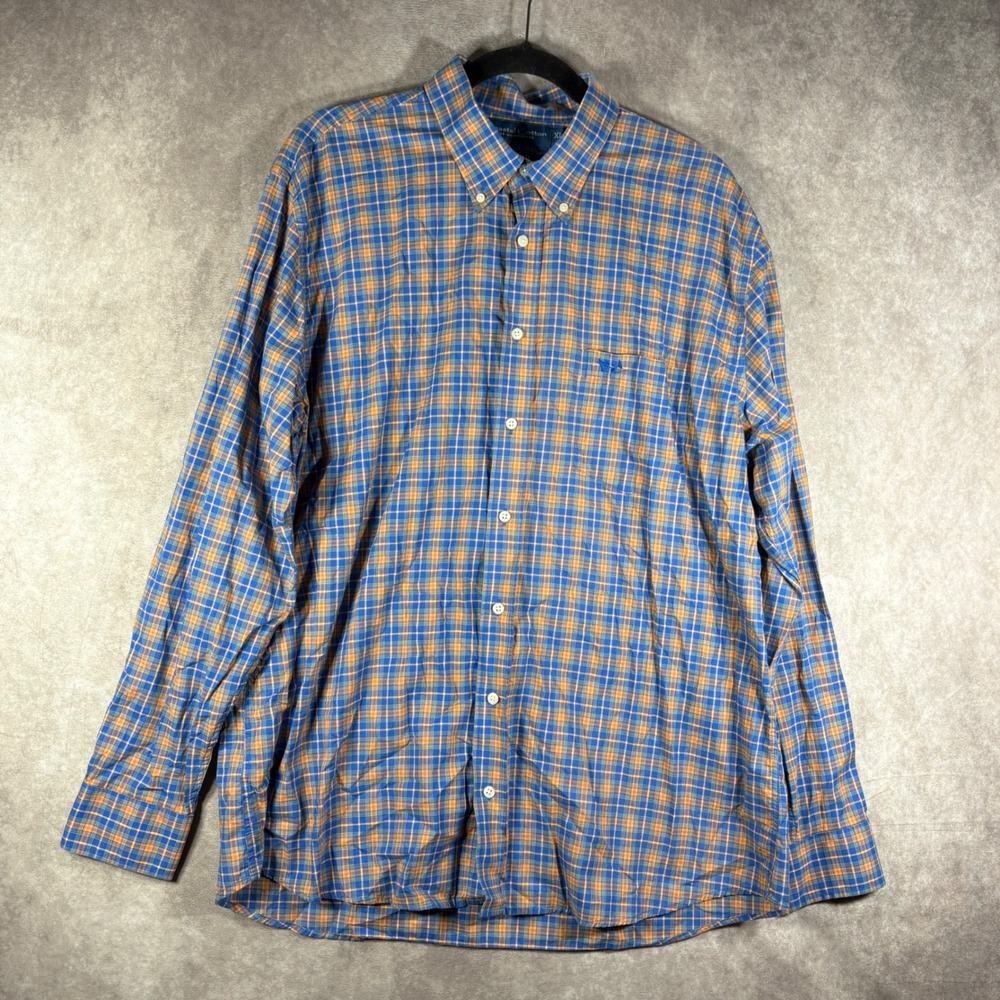 Coastal Cotton Button Down Shirt XL Blue Orange Plaid Classic Fit Long Sleeve
